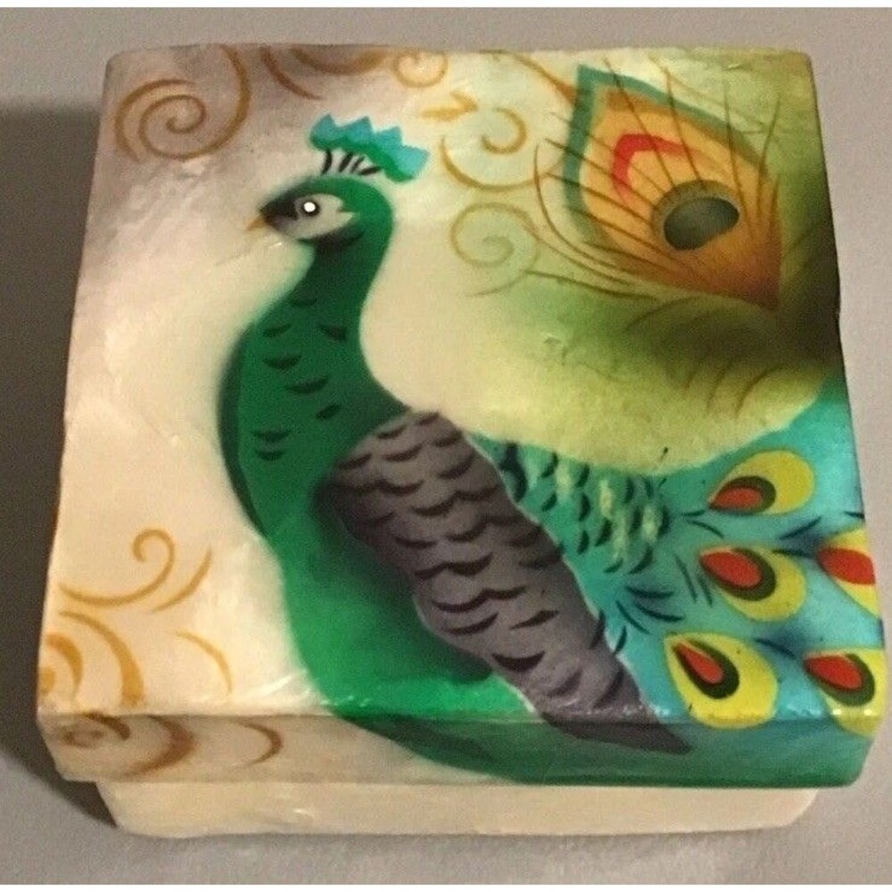 Philippines CAPIZ Oyster Shell Trinket, Jewelry Box Hand-Airbrushed Peacock Art